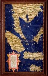 インドネシア：スマトラ島、マラッカ島、ボルネオ島、ジャワ島 エグナツィオ・ダンティ（1536-1586）が作成した地図。1567年頃。フィレンツェ、ヴェッキオ宮殿、マッパモンドの部屋（Sala del Mappamondo