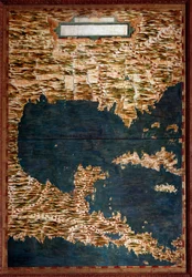 メキシコ、キューバ、フロリダ、ジャマイカ エグナツィオ・ダンティ（1536-1586）という数学者、宇宙学者、イタリア人建築家が作った地図。1567年頃。フィレンツェ、ヴェッキオ宮殿、マッパモンドの部屋（Sala del Mappamondo