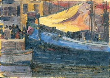 1908年に家の壁を背景にしたアンカーボート
