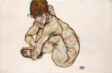 しゃがむ裸の少女 - シーレ、エゴン (1890-1918) - 1914 - 黒チョーク、グワッシュ、紙 - 31,5x48,2 - レオポルド美術館、ウィーン