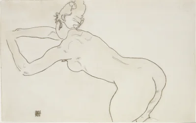 1918年にひざまずいて左に前屈した女性のヌード
