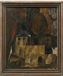 Haus und Mauer vor hügeligem Gelände - 丘陵風景の前の家と壁 ...