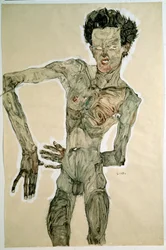 男性ヌード（自画像）。エゴン・シーレ（1890-1918）、1910年。紙に鉛筆、水彩、テンペラ。薄暗い：55,7x36,8cm。ウィーン、グラフィッシュサムルングアルベルティーナ