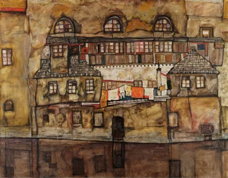 川沿いの家々の壁 - エゴン・シーレ (1890-1918) の絵画、キャンバスに油彩
