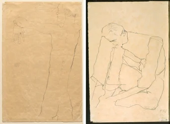 腕を上げた裸の男 (右) 座っている男 (裏)