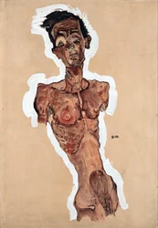 Nude Self-Portrait - Schiele, Egon (1890-1918) - 1910 - Black chalk, Gouache on Paper - 44,9x31,3 - レオポルド美術館、ウィーン
