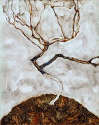 晩秋の小さな木 - エゴン・シーレ作 (1890-1918) キャンバスに油彩 (42x33.5 cm)