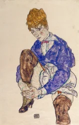 座って右脚を抱える画家の妻の肖像