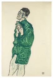 目を閉じた緑のシャツを着た自画像、1914