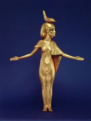 ツタンカーメンの墓（紀元前1370～1352年頃）から出土したカノポスの祠の女神セルケットの詳細（金メッキされた木）（228567も参照