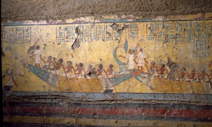 エジプトの古代美術：画家マイアの墓のフレスコ画、アビドスでの船による巡礼、オシリスの引用。第18王朝時代新帝国ディム、デイル・エル・メディネ(エル・メディネ)のマイアの礼拝堂より。67 cm トリノ、エジプト博物館