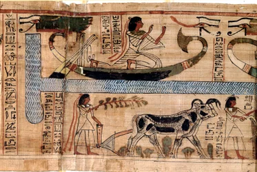 エジプトの古代遺物：故アナーの名前は、オシリスの船の上で、魂を耕したり量ったりする場面を表している。死者の書」のパピルス、20王朝、テーベ出土トリノ、エジプト博物館 - 古代エジプト：デセアの名前
