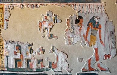 エジプトの古代性：ホルスがロイ夫妻をハートのペッセに導く。ロイの墓(TT255)のフレスコ画の断片。第18王朝時代。エジプト、ルクソールの西岸より