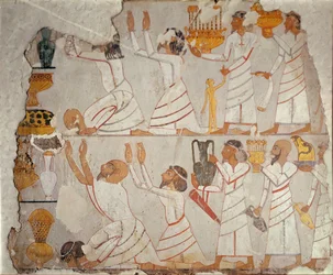 紀元前1400年頃、アジア人の貢ぎ物を描いた墓壁の一部（石の上に石膏を塗ったもの