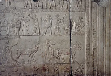 イアルの畑で農作業をしているファラオ・ホレムヘブ、農民から捧げられた収穫物を受け取っている様子、石灰岩の壁面レリーフ、サッカラのメンファイトのホレムヘブ墳墓より、エジプト文明、新王国、第18王朝時代