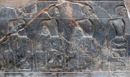 エジプトの古代遺物：ファラオ・ラムセス2世（紀元前1292-1186年）が征服した領土の紋章を装飾したレリーフの細部。ルクソール神殿。エジプト、東岸（テーベ）。