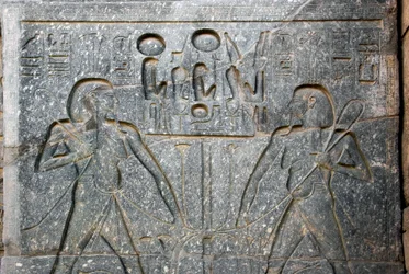 エジプトのアンティーク：ファラオ・ラムセス2世（紀元前1292-1186年、上エジプトと下エジプトの統合を表す）の像の台座の詳細。ルクソール神殿。東岸（テーベ）、エジプト