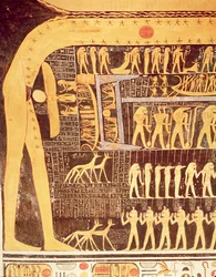 ラムセス6世の墓の埋葬室の天井からの日の本の詳細VI（r.1143-1136 BC）ニューキングダム（壁画）