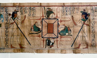 エジプトのアンティーク。火の湖から地獄へ。死者の書」のパピルス。第21王朝時代のパピルス