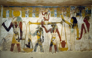 エジプト、ギザのバハリヤ・オアシスにあるパ・ネントウィーの墓の埋葬室に描かれた壁画。エジプト文明、第26王朝、前663〜525年。