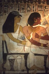 古代エジプト、壁画、セヌファーの墓、テーベ、蓮の花を手にするセヌファーと妹のメリット、ファラオ・アメノフィス2世のもとでテーベの市長と監督を務めたセヌファー