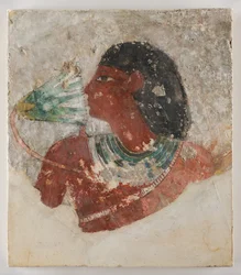 蓮の花の匂いを嗅ぐ男の絵 前1479-1390年頃 石灰岩、ジェッソ、顔料
