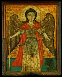 大天使ミカエルのアイコン（パネル上の卵のテンペラ）