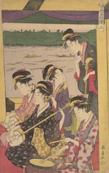 涼み舟での芸妓の宴。 ボートの第 2 のシーン...、ca. 1796年。