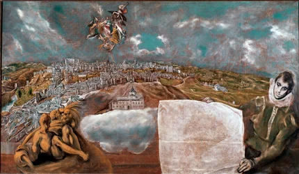 スペインのトレド市（Toledo）の眺めと右下の飛行機 ドメニコス・テオトコプーロス（Domenikos Theotokopoulos dit El Greco）（1541-1614）による絵画 1608-1614日。132x228 cm トレド・グレコ美術館