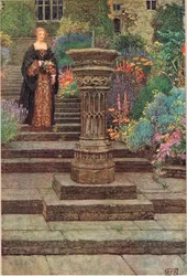 庭の女、ストッダーとホートンが発行した「古英語の歌とバラードの本」のイラスト、1910年頃（カラーリソ）