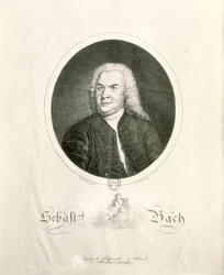 フリードリヒ・ヴィルヘルム・ネトリングによって彫刻されたヨハン・セバスチャン・バッハ（1685-1750）の肖像（彫刻）（bw写真）