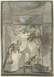 手押し車から子供を転がす少年と侍女