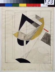 Proun 19 (Proun 19) - Lazar Lissitskij dit El Lissitskij (Lissitsky or Lissitski or Lissitzky) (1890-1941) の作品、ガッシュとインク、紙、1920 年頃 - ロシアの前衛、20 世紀初頭、抽象芸術 - State Tretyakovギャラリー、モスクワ