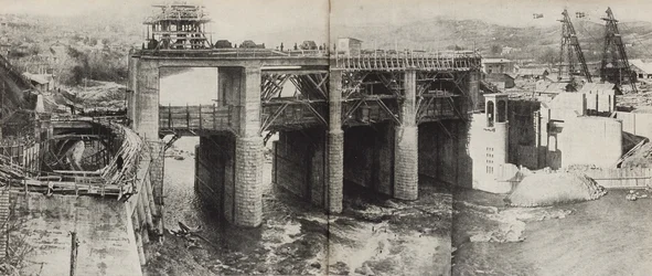 リオーニ水力発電所。ソビエト社会主義は1933年に社会主義を構築しますからのイラスト。