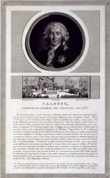 1787年、財政監督官カロンヌ、シャルル・ルヴァシェ（1760-1820年頃）が彫った肖像画、ジャン・デュプレシス＝ベルトー（1747-1819年）が描いた貴族議会の様子、1803年頃（彫刻）。