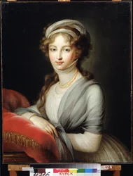 皇后エリザベート・アレクセイエフナの肖像、バーデンのルイーズ王女 (またはバーデン) (1779-1826) (皇后エリザベート・アレクセイエフナの肖像、バーデンのルイーズ王女)。 マリー ルイーズ エリザベス ヴィジェ ルブラン (1755-1842) の絵画。 キャンバスに油彩、80 x 64.6 cm