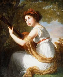 アーティストの娘の肖像、座っている4分の3の長さ、ギターを弾く、c.1797