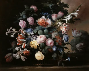 バラ、サクラソウ、チューリップの夏の花の静物画。エリーゼ・ブリュイエール（1776-1842）作 個人蔵