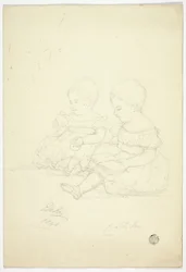 着席した 2 人の女の赤ちゃん (右)、静物画、2 匹の動物 (裏面)