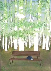 森の中のベンチ、2017年（水彩、コラージュ）