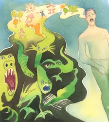 イエス・キリストの御名によって捧げる力強い祈りによって、私たちは-主の恵みによって-罪に囚われた人々の魂から邪悪な影響を取り除く手助けをすることができる 2005年 （紙に水彩画）