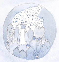 キリストは、巡礼者や病気の人たちと一緒に、彼の肩に子供がいる彼の民の真っ只中を歩いていました。、2001年（紙にw - c）