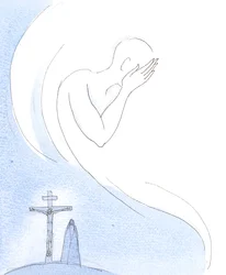 父なる神が御子が地上で苦しむのを好まなかったように、神は私たちが苦しむのを『好まない』のだ」2004年（紙に水彩画）
