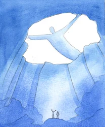 地上生活の「暗闇」の中で、まるで天国の栄光のはるか下にある深い洞窟の中にいるかのように生活し、働いている私たちに起こるすべてのことを、父は見ておられる 2005年 （紙に水彩画）