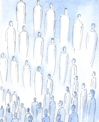 天国にいる何千人もの聖徒たちが、完全な平和のうちに、神の美を至福のうちに享受し、御父を賛美し、互いに愛し合いながら一致して生きていることを、主は私に教えてくださった 2005年 （紙に水彩画）