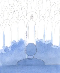 私たちが祈るとき、聖徒たちはキリストと共に私たちの周りにいます。彼らは私たちの心の中の愛、そして私たちが彼らを称えるすべての敬虔な言葉と身振りで喜び、三人の神の人を崇拝し、賞賛します。
