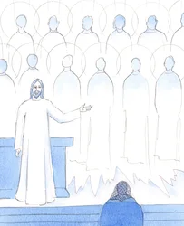 天国の聖人たちがそこにいるのは、彼らが地上生活で神の意志を行なったからであり、あるいは悔い改めて遅ればせながら行なったからである。