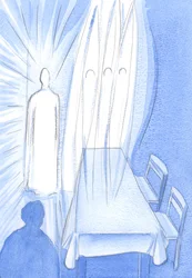 キリストは聖なる天使たちと共に、私たちが祈るとき、見事に見守っています。彼は私たちが信仰をもって成長するのを助けているので、彼の愛を隠しています、2002年（紙にw - c）