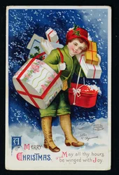 プレゼントを持つ少年、20世紀初頭のクリスマスカード（色の彫刻）