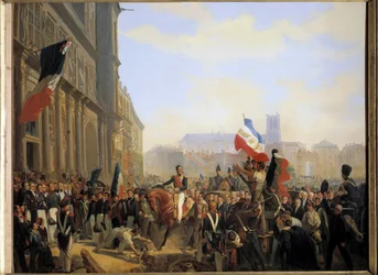 1830年7月の革命。オルレアン公ルイ・フィリップ（フランス王ルイ・フィリップ1世となる）（1773-1850）王国中将がパリ市庁舎に到着したのは7月31日。